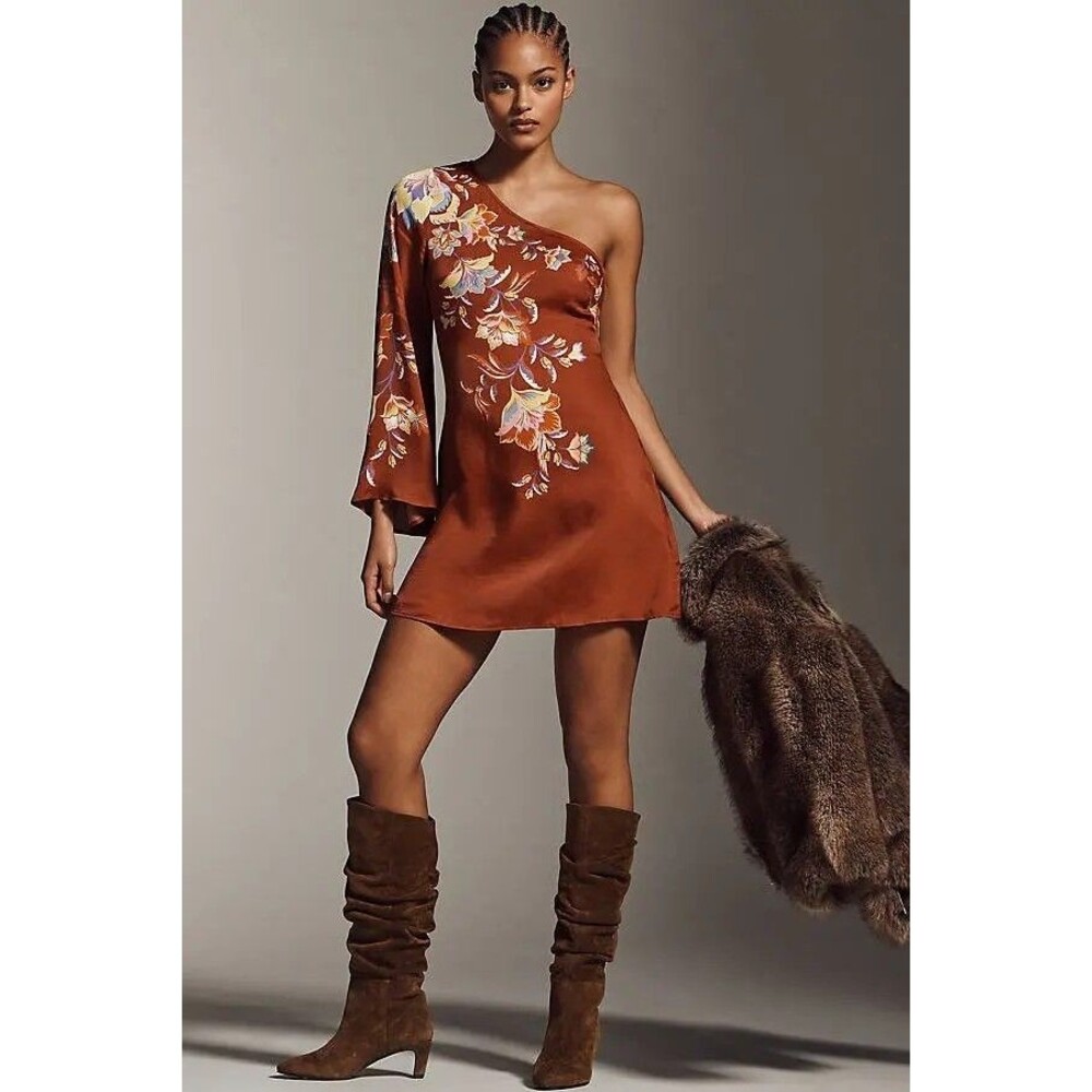 Farm Rio x Anthropologie Satin Floral One Shoulder Mini Dress Rust Large